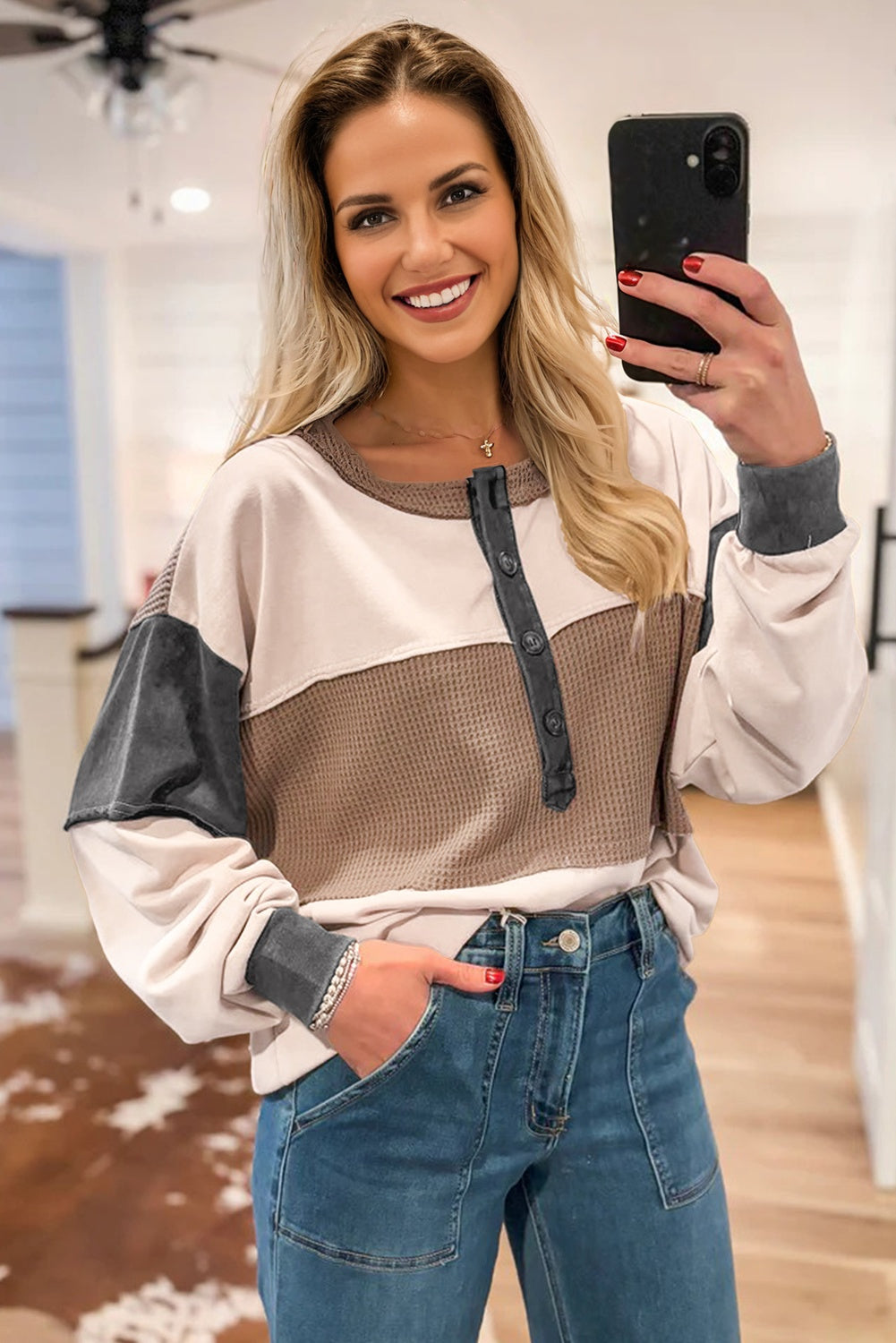 Waffled Patchwork Loose Henley Top