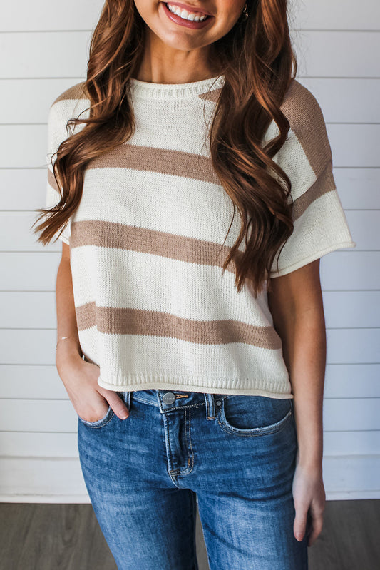 Khaki Stripe Short Sleeve Knitted Top