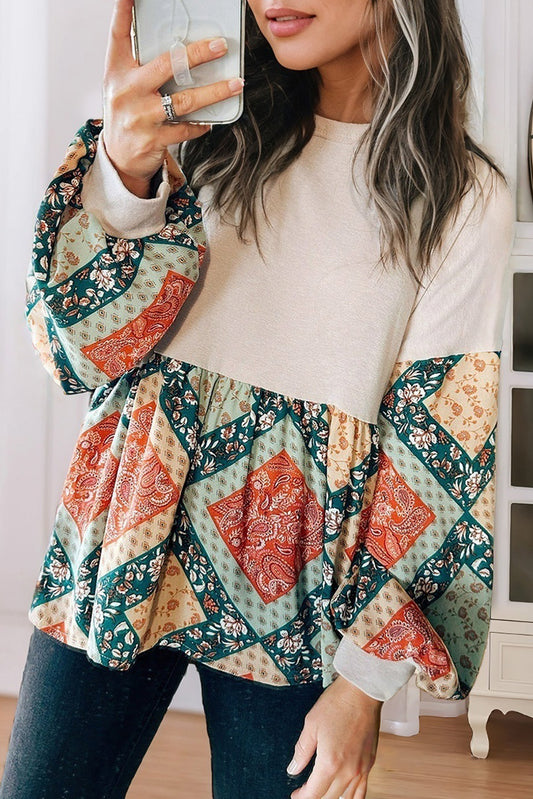 Paisley Patchwork Crew Neck Fit Top
