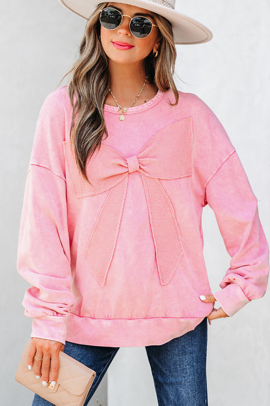 Pink Mineral Wash Bow Patchwork Sweatshirt