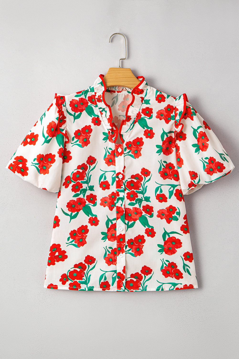 Red Floral Ruffled Sleeve Blouse