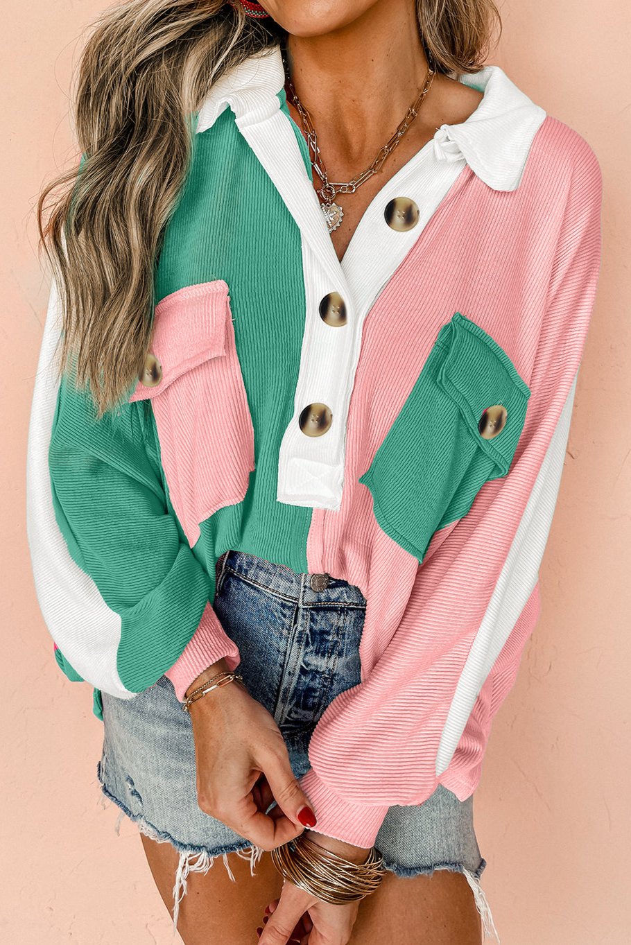 Pink Colorblock Ribbed Oversized Sweatshirt