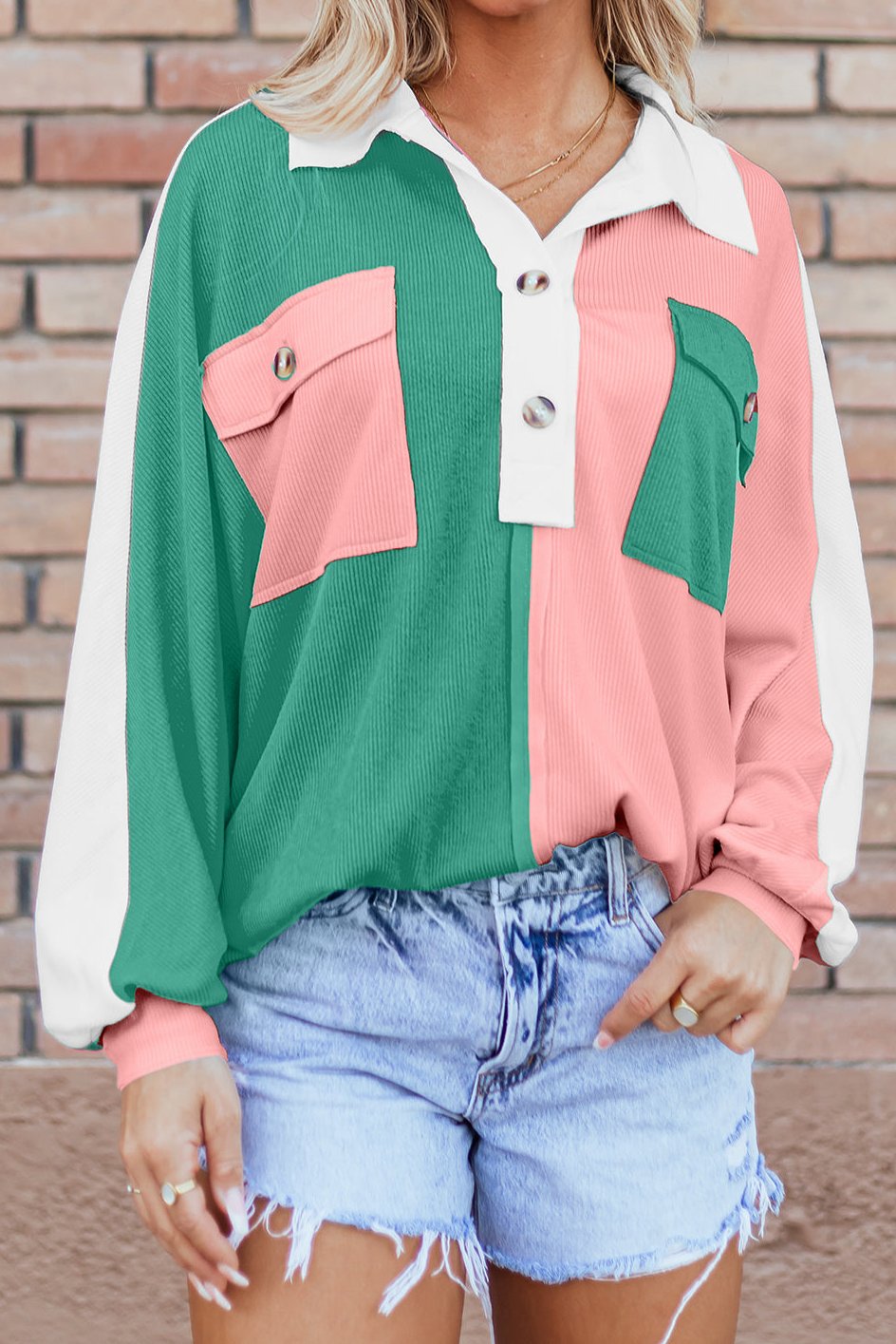 Pink Colorblock Ribbed Oversized Sweatshirt