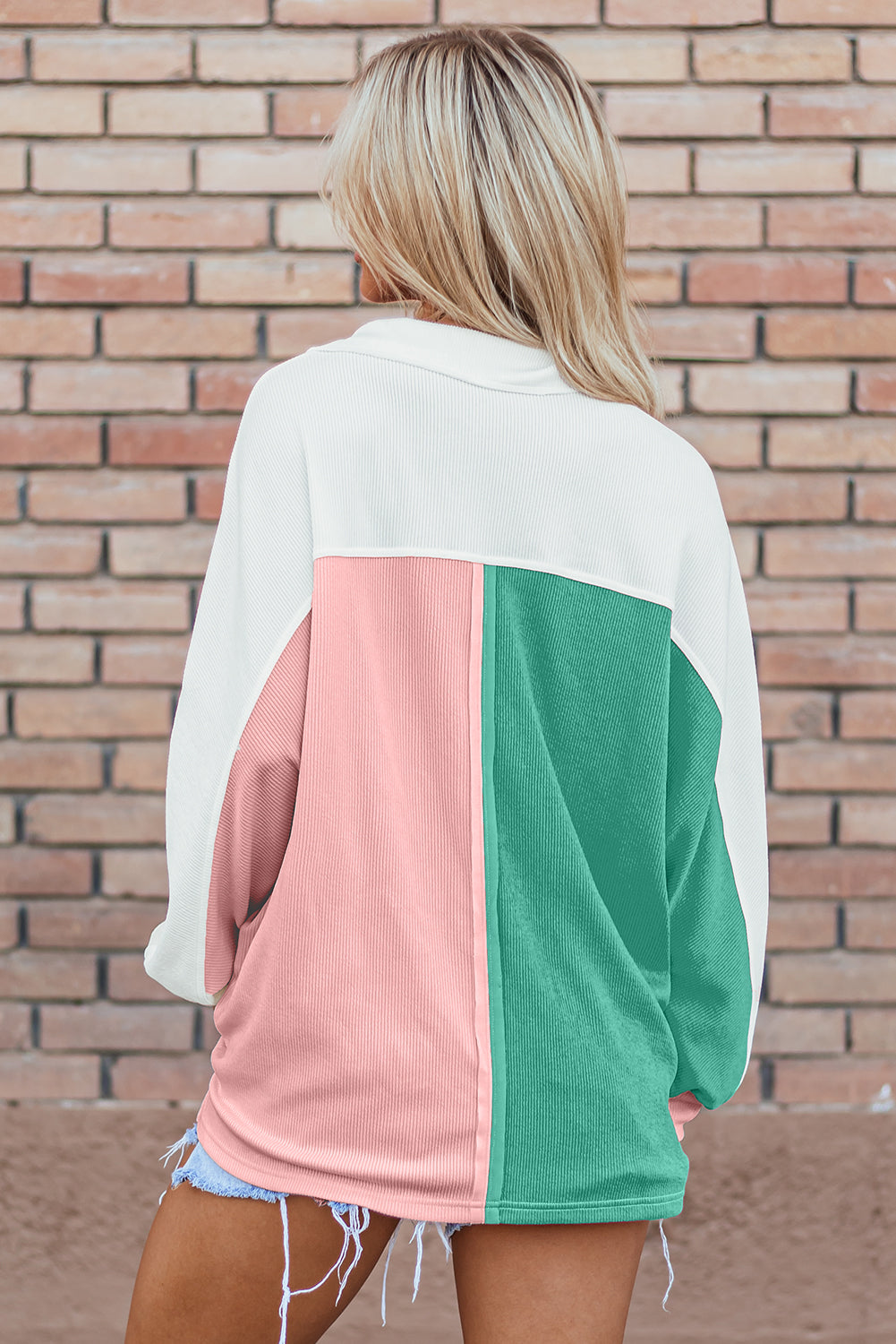 Pink Colorblock Ribbed Oversized Sweatshirt