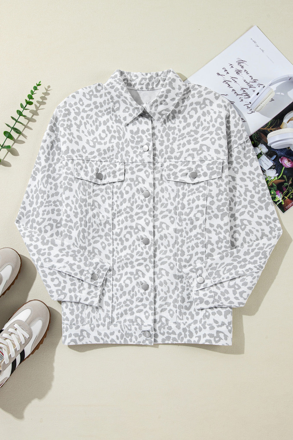 White Leopard Printed Denim Jacket