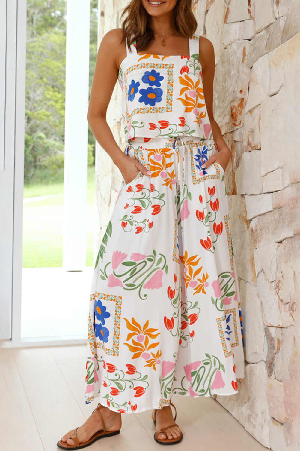 White Colorful Printed Tank and Wide Leg Pants Set