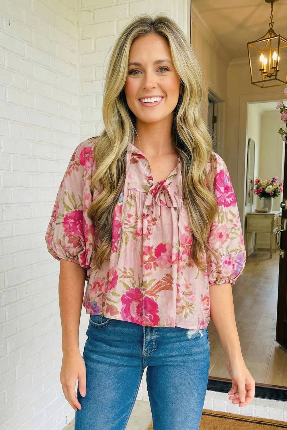 Floral Print Tie Neck Puffy Blouse