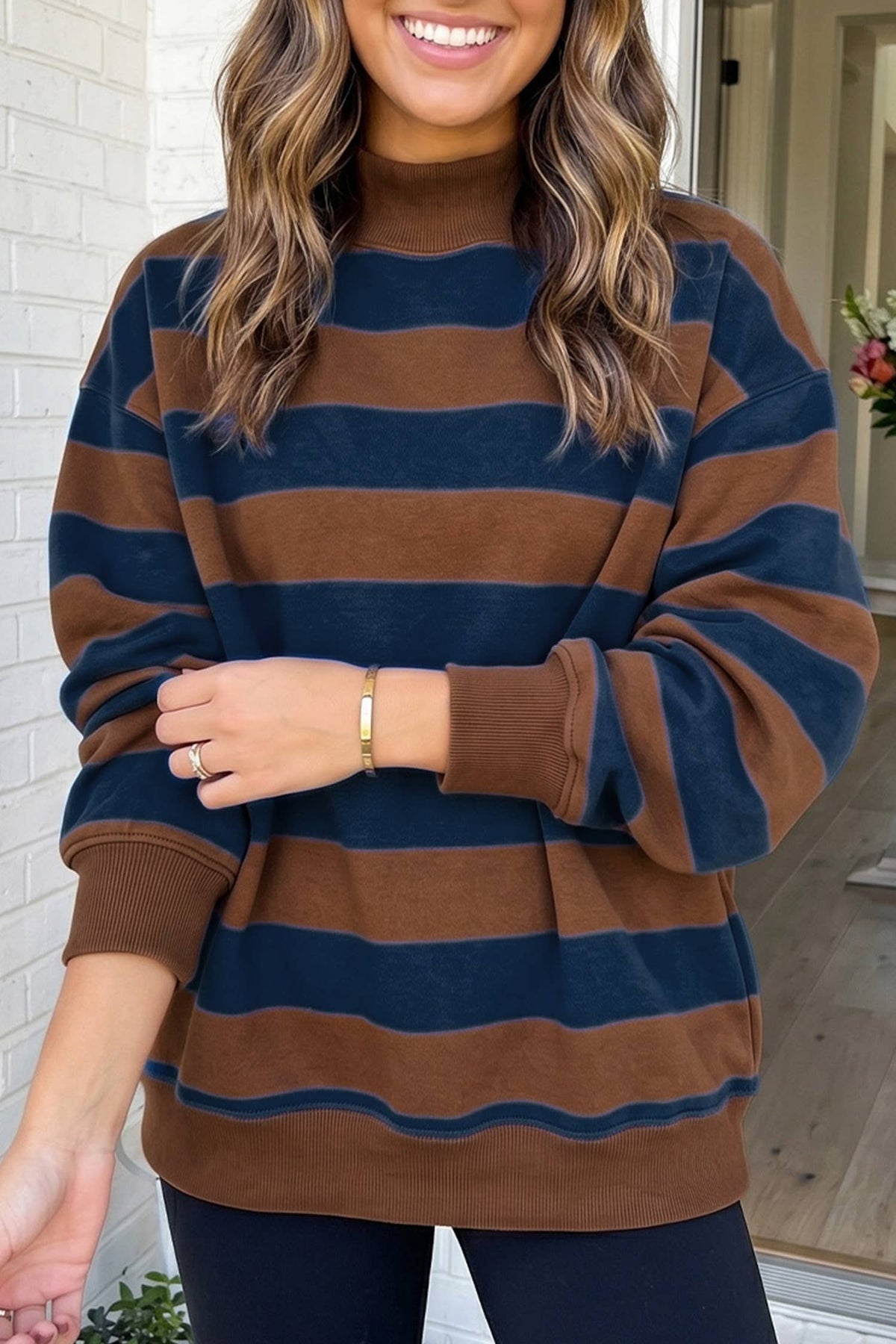 Striped Colorblock Mock Neck Swearshirt