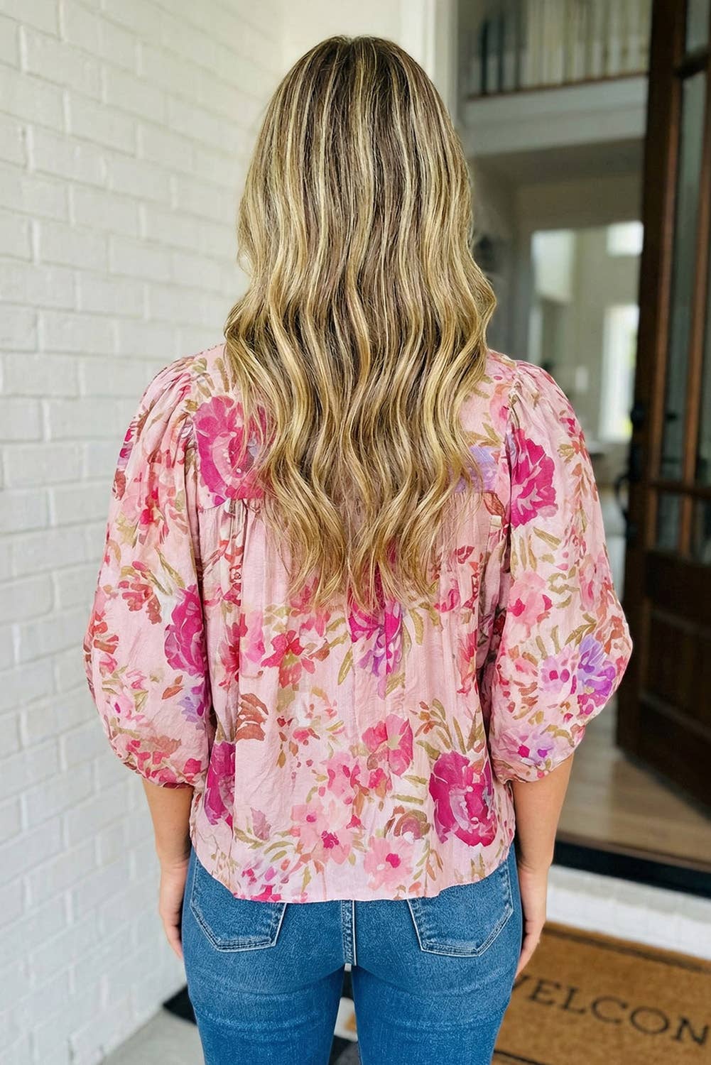 Floral Print Tie Neck Puffy Blouse