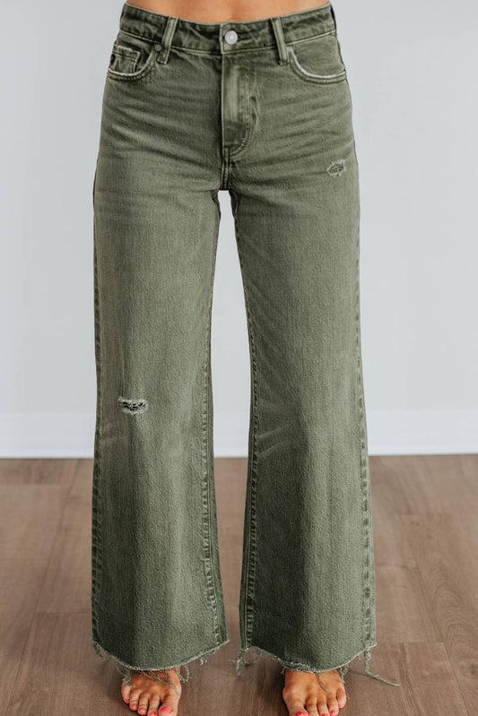 Slight Distressed Raw Edge Wide Leg Jeans