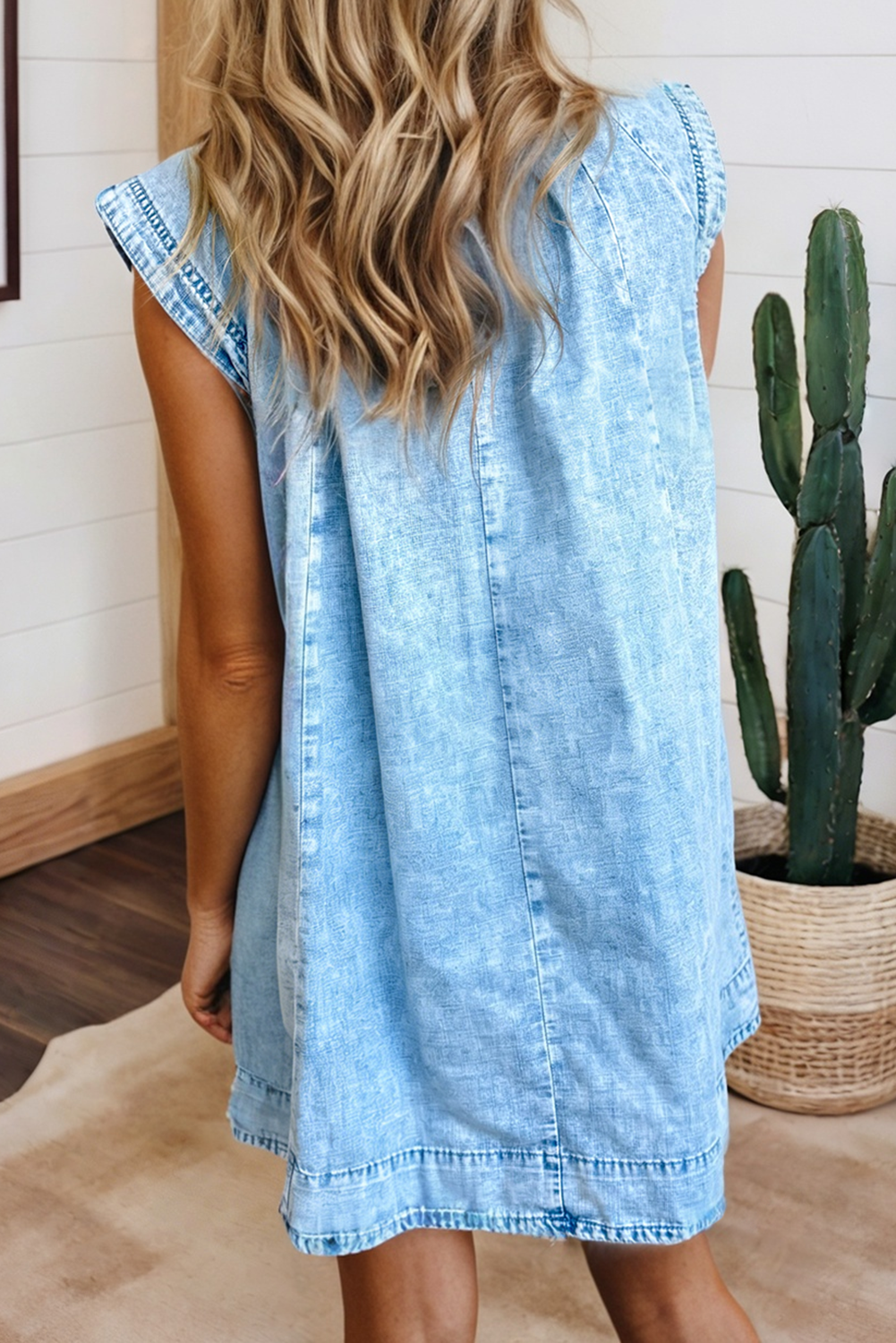 Pleated Babydoll Denim Dress with Pockets