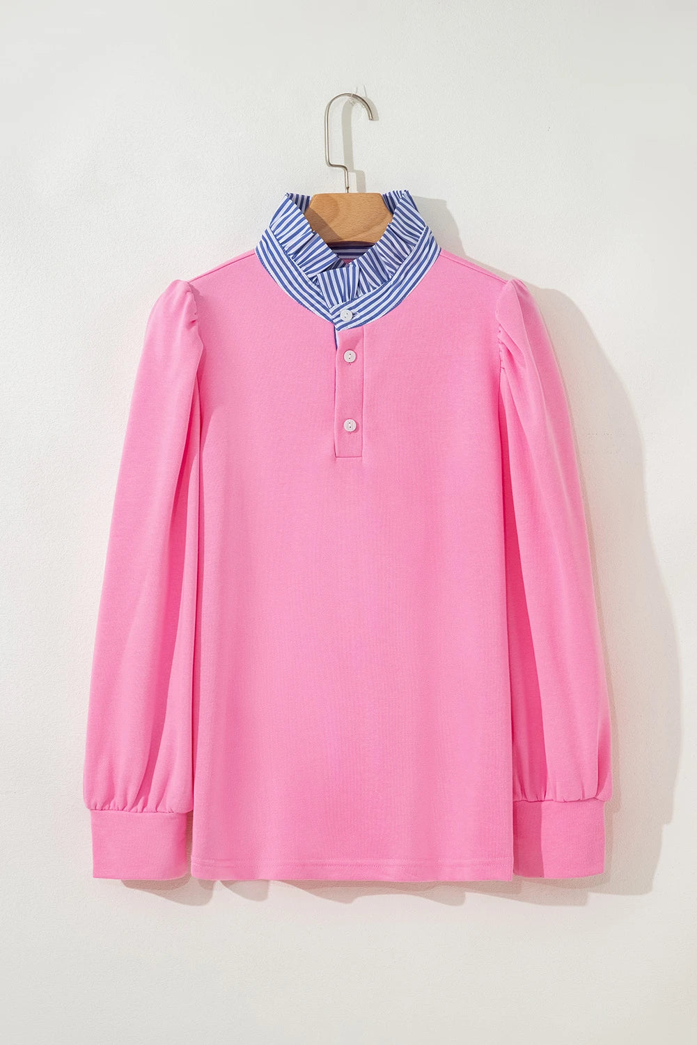 Button Striped Collar Puff Sleeve Shirt