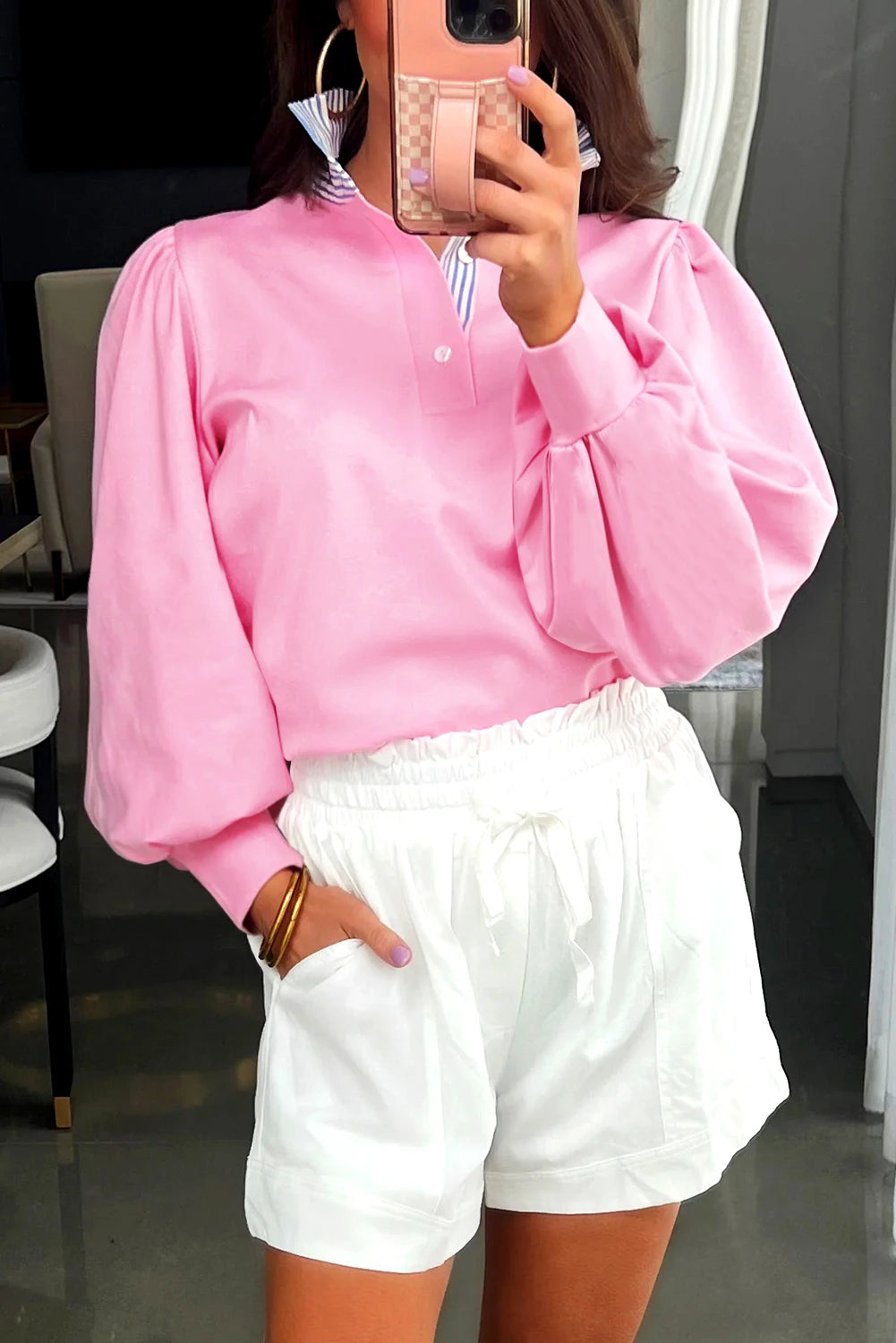 Button Striped Collar Puff Sleeve Shirt