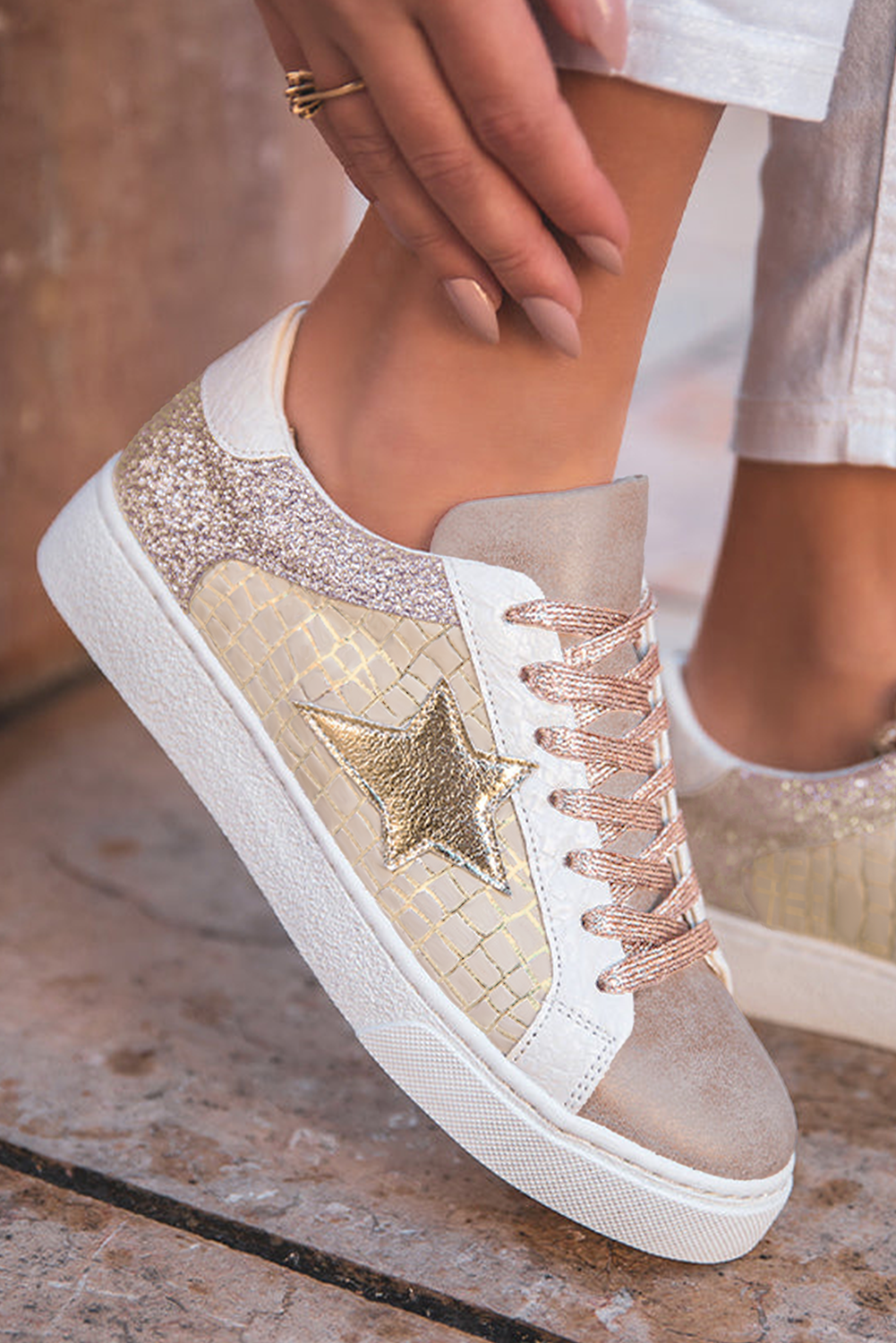 Gold Glitter Star Patchwork Sneakers