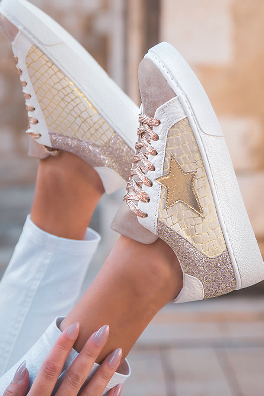 Gold Glitter Star Patchwork Sneakers