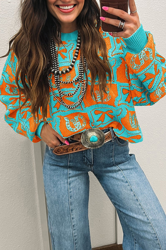 Light Blue Bows & Horseshoes Western Sweater