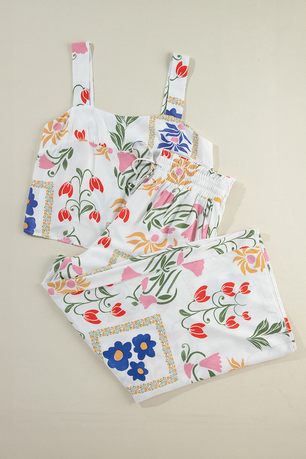 White Colorful Printed Tank and Wide Leg Pants Set